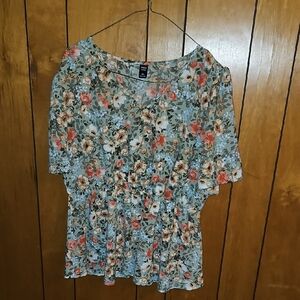 SHEIN Floral Green and Orange Blouse
